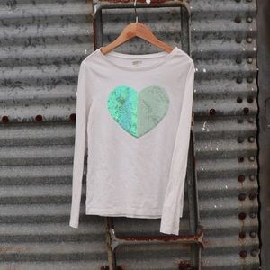 Crazy 8 White and Blue Sequin Heart Long Sleeve Tee Shirt